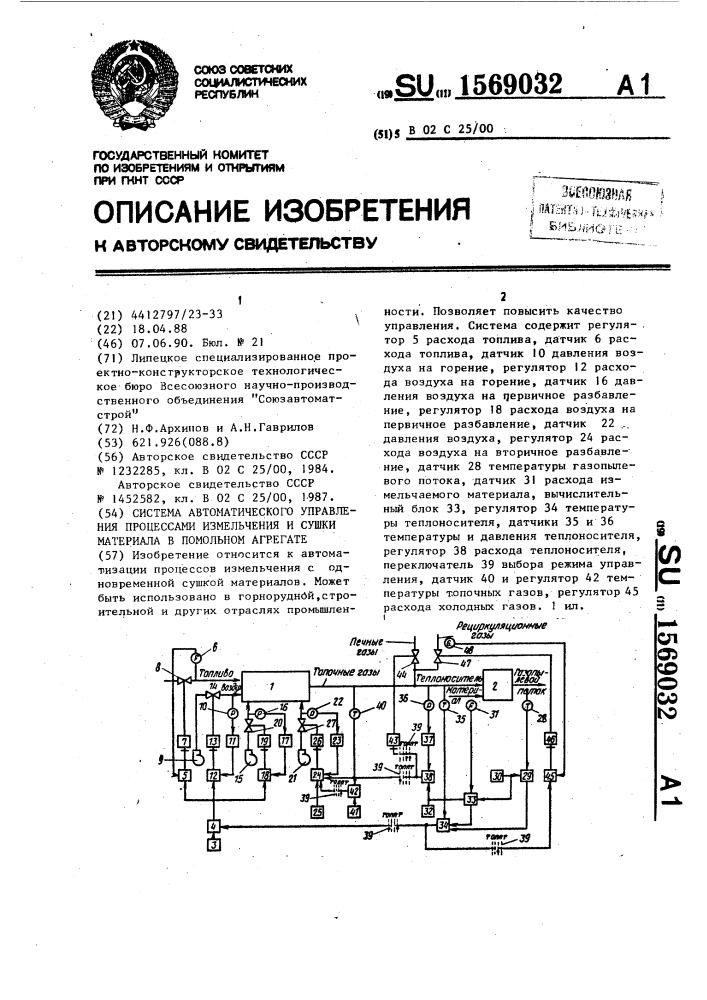 Система автоматического управления процессами измельчения и сушки материала в помольном агрегате (патент 1569032)