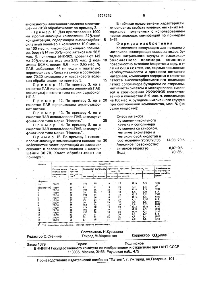 Композиция связующего для нетканого материала (патент 1728262)