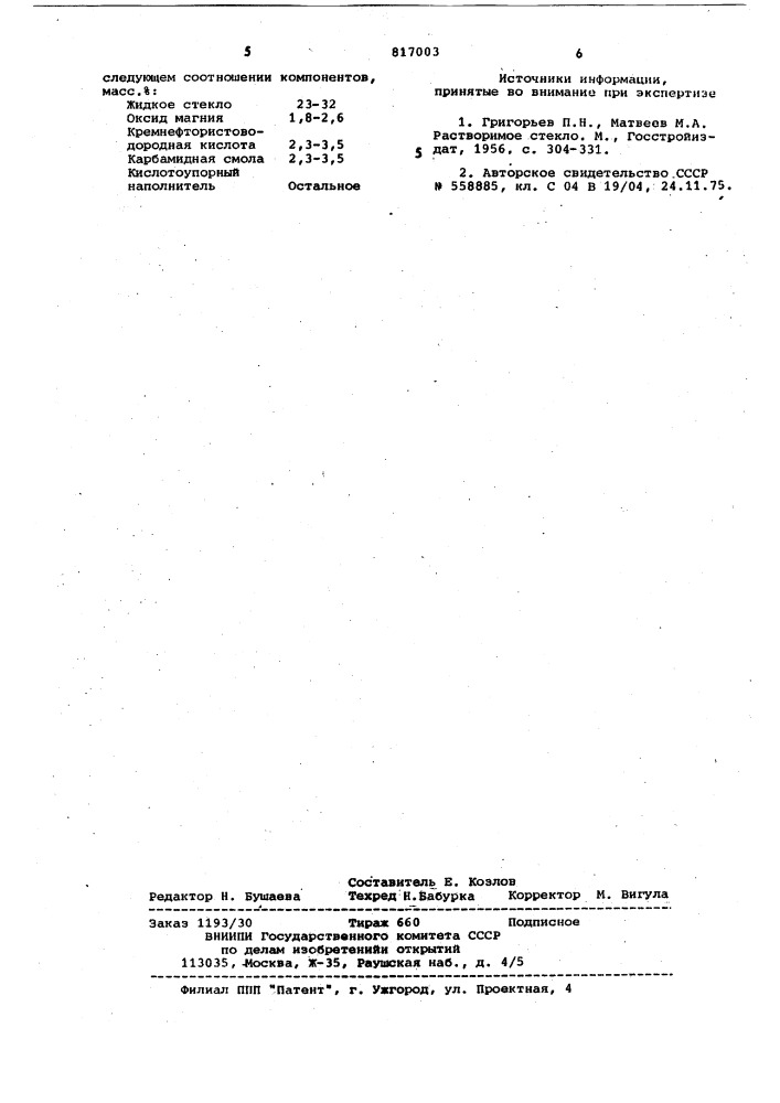 Сырьевая смесь для изготовления кис-лотоупорного pactbopa (патент 817003)