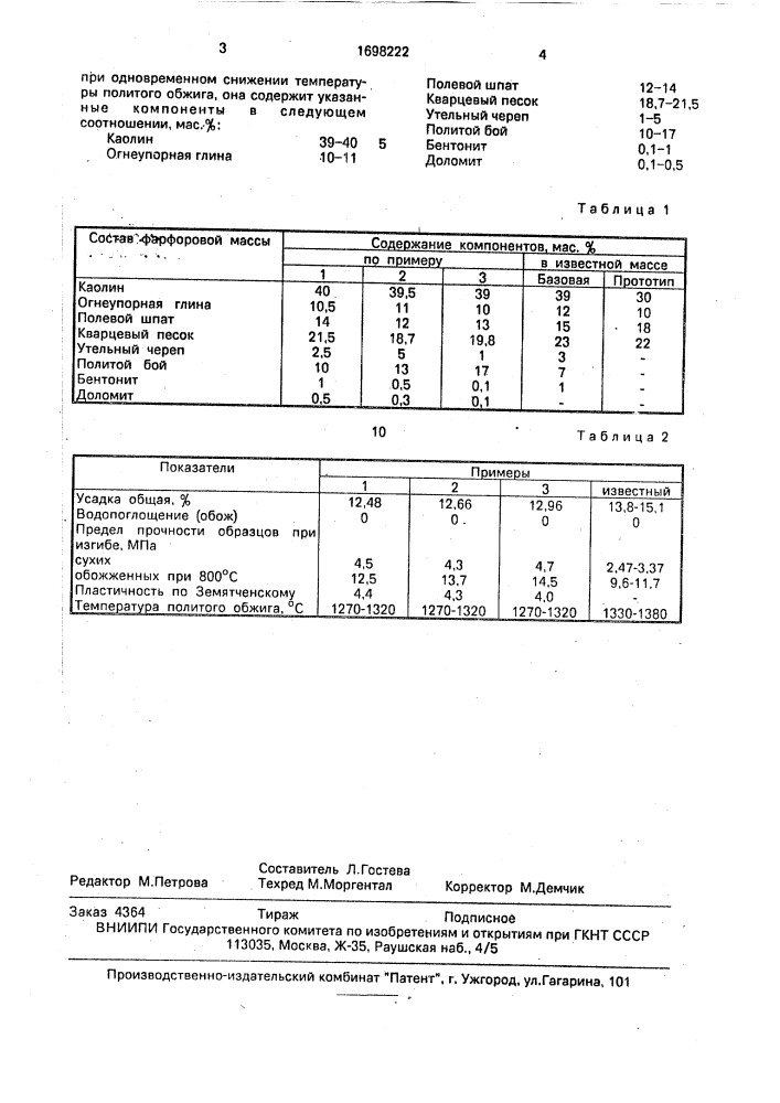 Фарфоровая масса (патент 1698222)