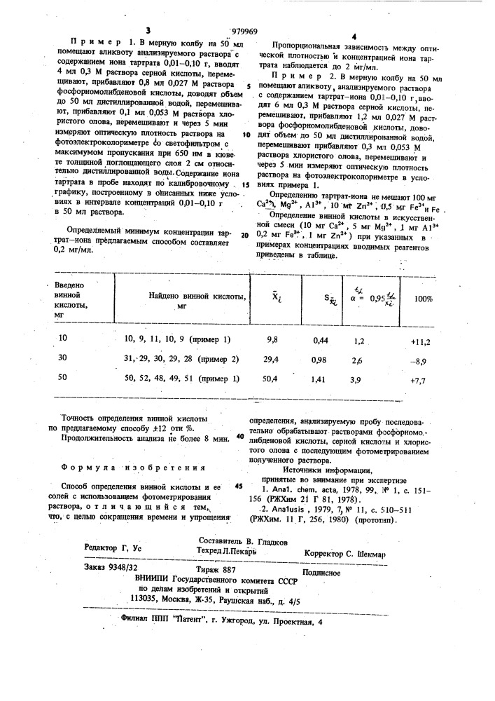 Способ определения винной кислоты и ее солей (патент 979969)