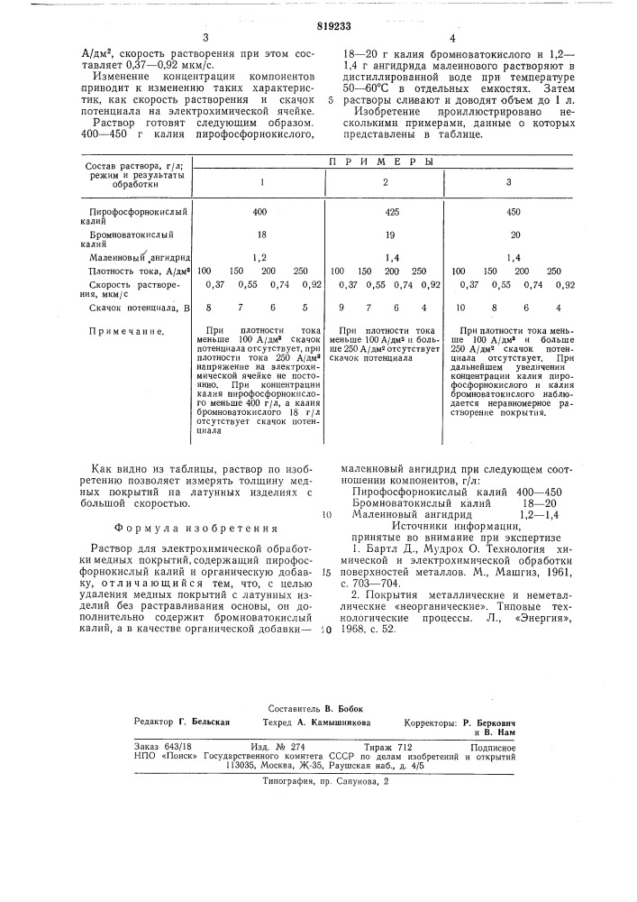 Раствор для электрохимическойобработки медных покрытий (патент 819233)