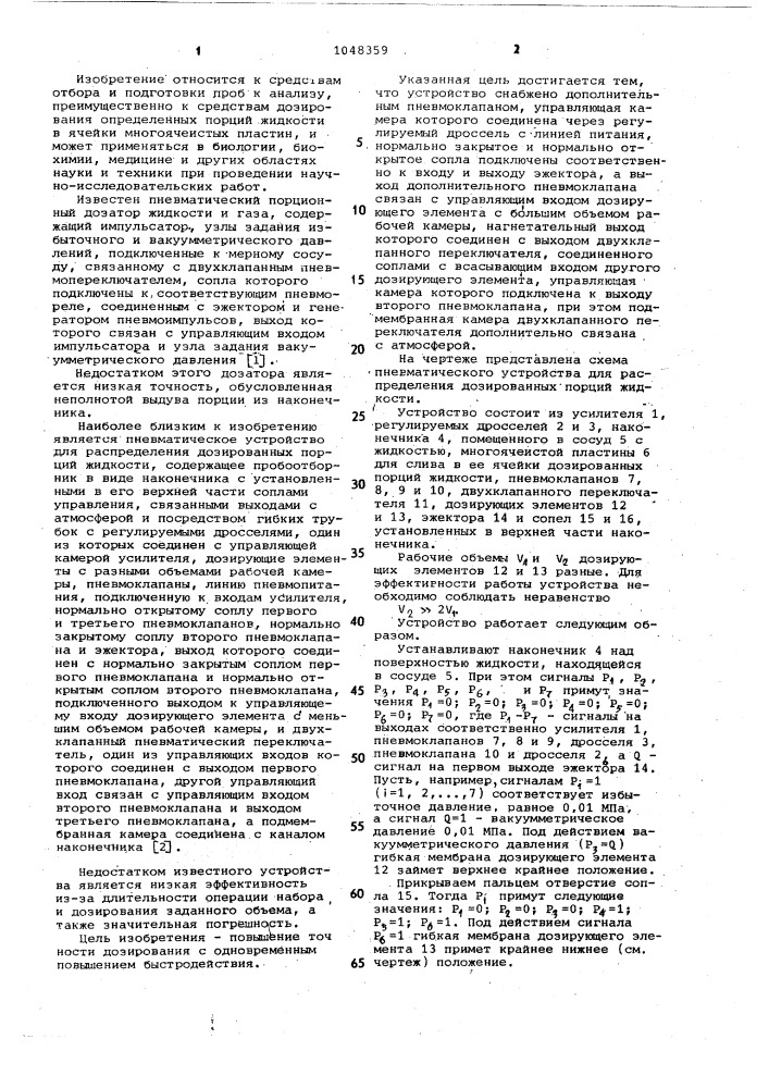 Пневматическое устройство для распределения дозированных порций жидкости (патент 1048359)