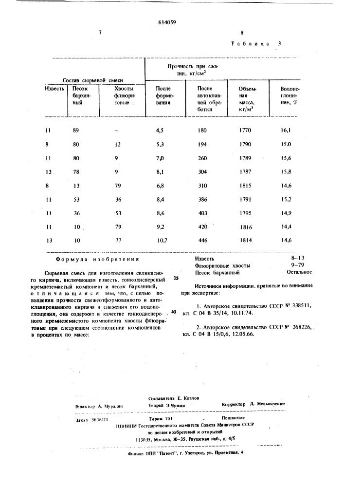 Сырьевая смесь для изготовления силикатного кирпича (патент 614059)