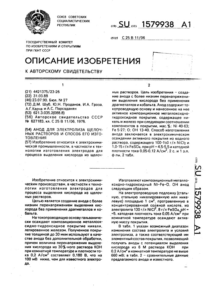 Анод для электролиза щелочных растворов и способ его изготовления (патент 1579938)