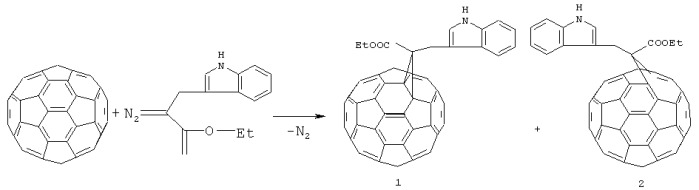 Способ совместного получения 1&#39;-(3-1н-индолметил)-1&#39;-этилформил-( c60-ih)[5,6]фуллеро[2&#39;,3&#39;:1,9]циклопропана и 1&#39;a-(3-1н-индолметил)-1&#39;a-этилформил-1&#39;a-карба-1&#39;(2&#39;)a-гомо(c60-ih)[5,6]фуллерена (патент 2440340)