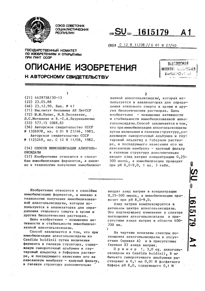 Способ иммобилизации алкогольоксидазы (патент 1615179)
