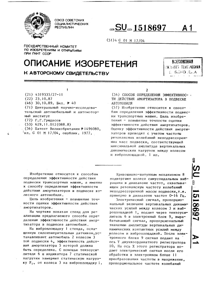 Способ определения эффективности действия амортизатора в подвеске автомобиля (патент 1518697)