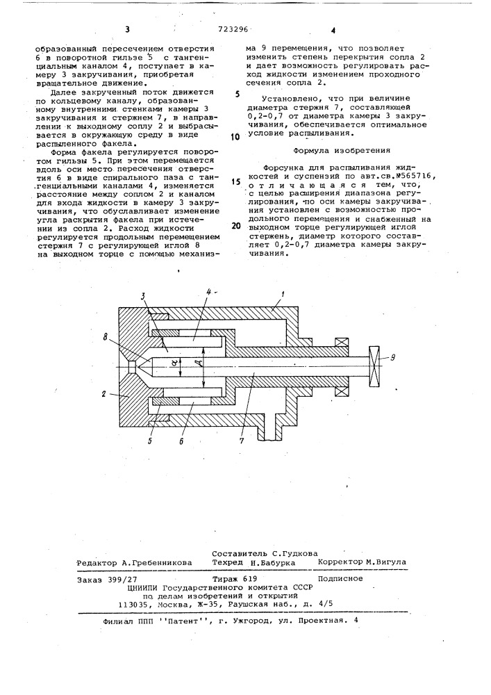 Форсунка для распыливания жидкостей и суспензий (патент 723296)