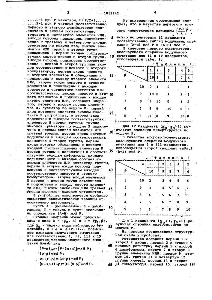 Устройство для вычитания по модулю (патент 1012242)