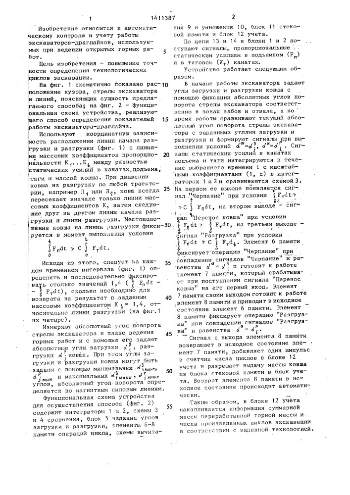 Способ определения показателей работы экскаватора-драглайна (патент 1411387)