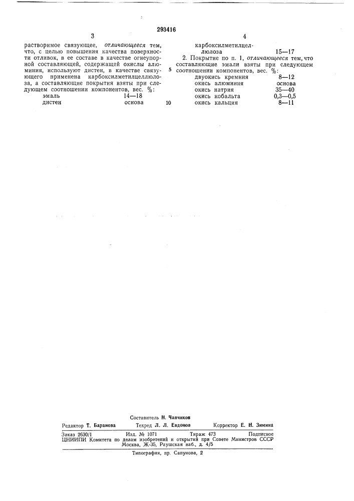 Противопригарное покрытие для литейных форм и стержней (патент 293416)