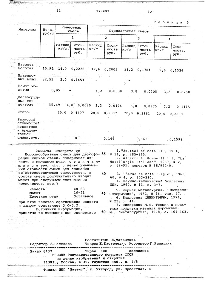 Порошкообразная смесь для дефосфорации жидкой стали (патент 779407)