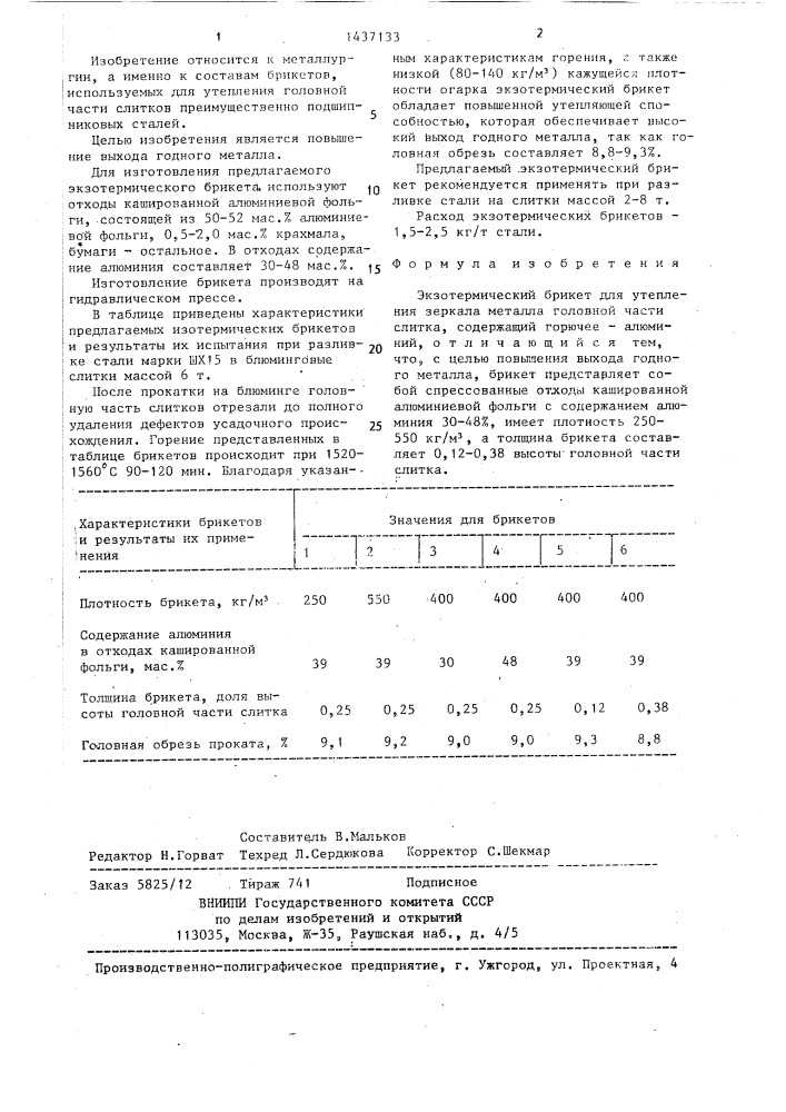 Экзотермический брикет для утепления зеркала металла головной части слитка (патент 1437133)