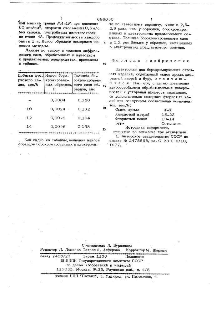 Электролит для борохромирования стальных изделий (патент 699030)