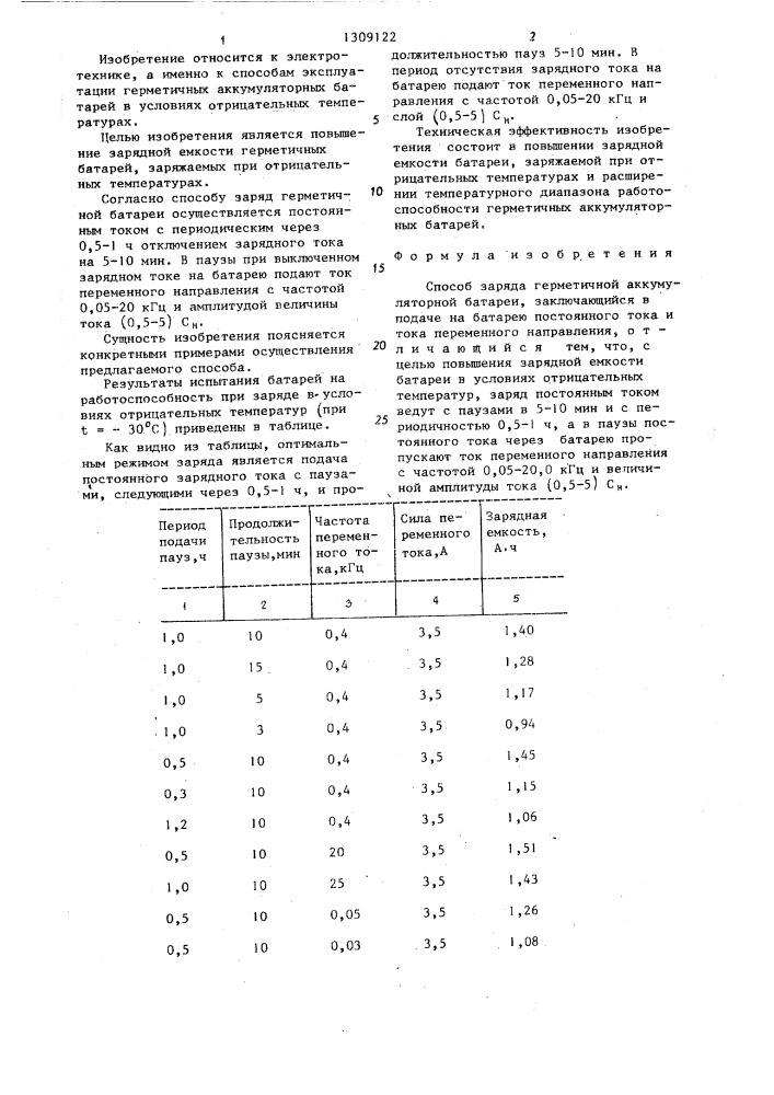 Способ заряда герметичной аккумуляторной батареи (патент 1309122)