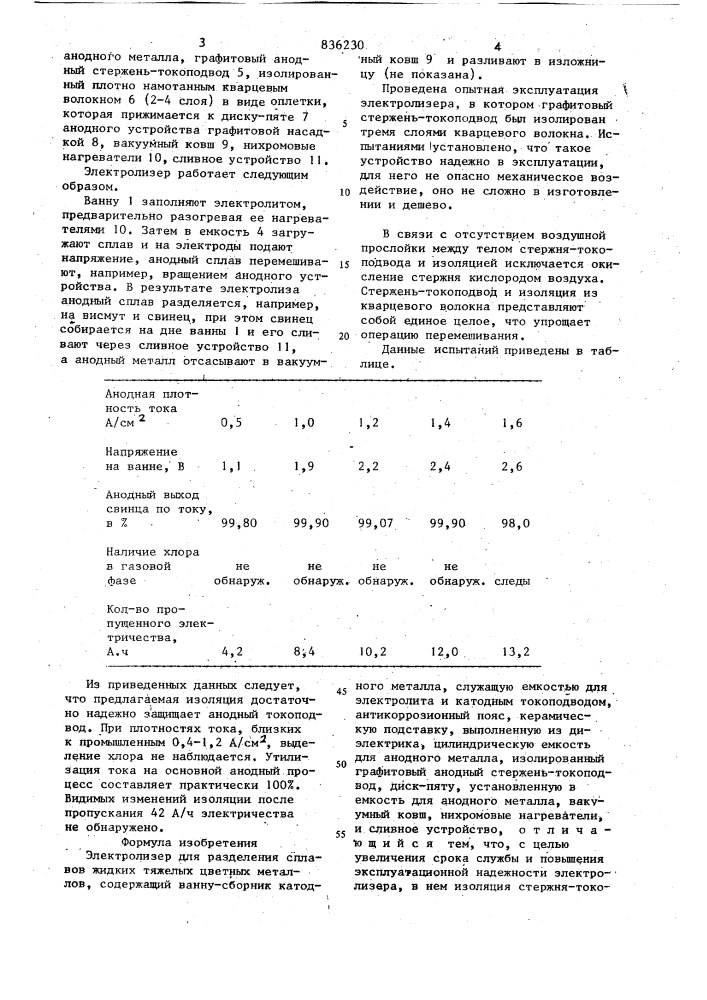 Электролизер для разделения сплавовжидких тяжелых цветных металлов (патент 836230)