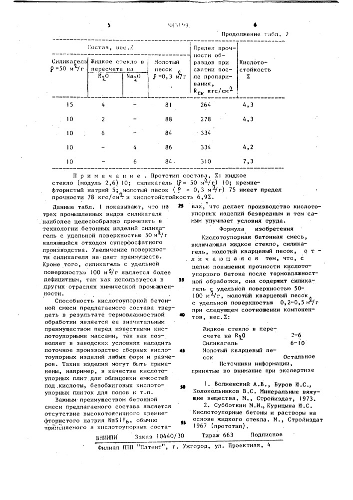 Кислотоупорная бетонная смесь (патент 885199)