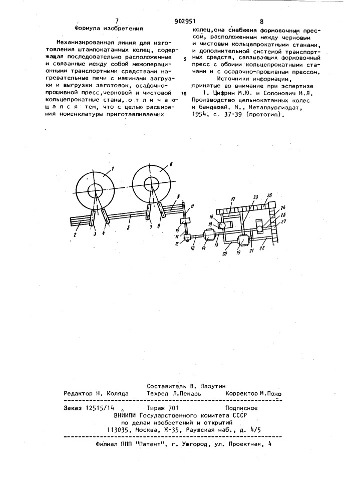 Механизированная линия для изготовления штампокатаных колец (патент 902951)