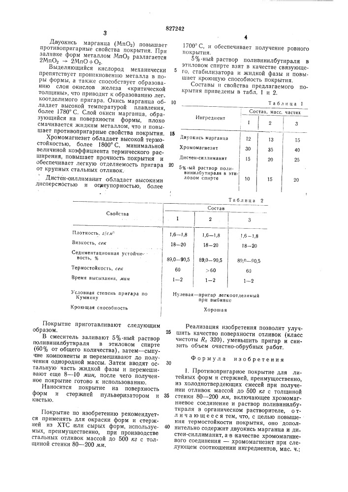 Противопригарное покрытие для литей-ных форм и стержней (патент 827242)