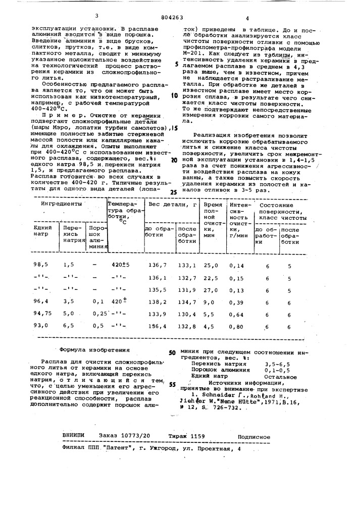 Расплав для очистки сложнопрофильноголитья ot керамики (патент 804263)
