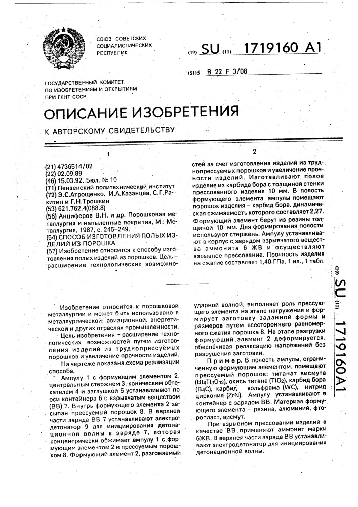 Способ изготовления полых изделий из порошка (патент 1719160)