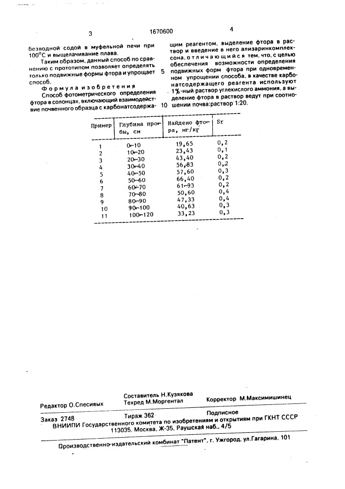 Способ фотометрического определения фтора в солонцах (патент 1670600)
