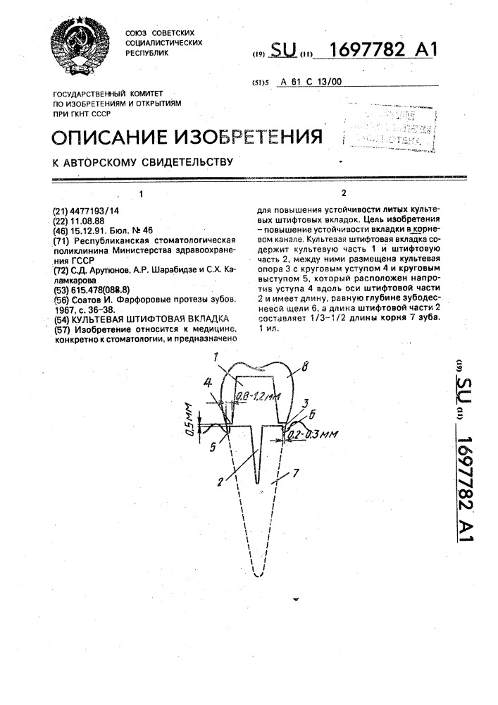 Культевая штифтовая вкладка (патент 1697782)