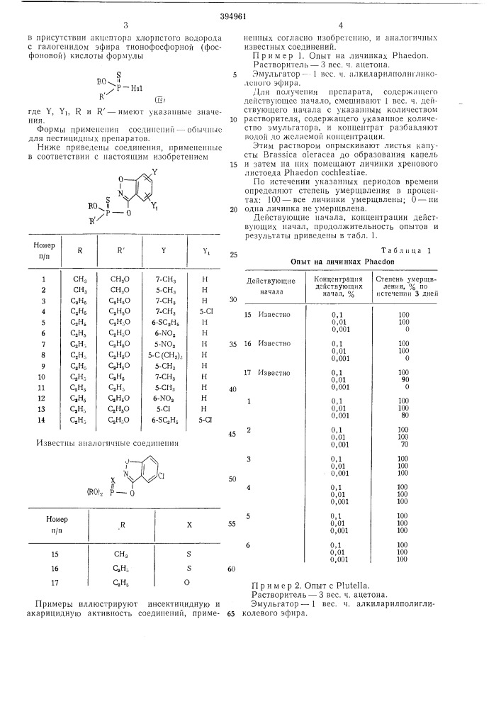 Инсектицид и акарицид (патент 394961)