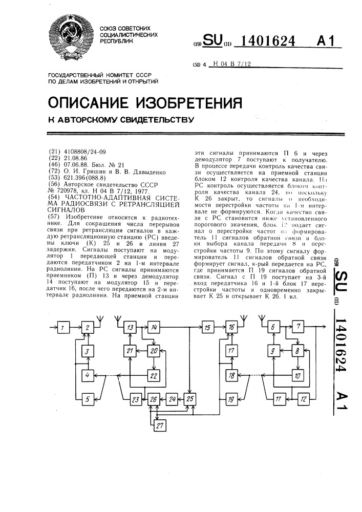 Частотно-адаптивная система радиосвязи с ретрансляцией сигналов (патент 1401624)