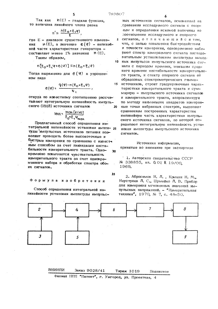 Способ определения интегральной нелинейности установки амплитуды импульсных источников сигналов (патент 789807)