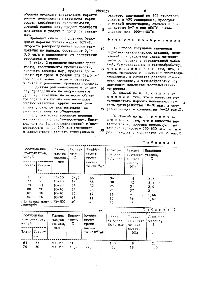 Способ получения спеченных пористых металлических изделий (патент 1595629)