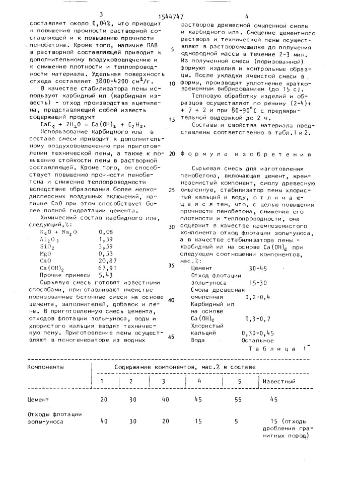 Сырьевая смесь для изготовления пенобетона (патент 1544747)