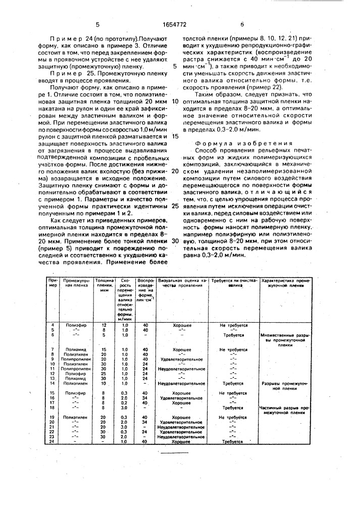 Способ проявления рельефных печатных форм из жидких полимиризующихся композиций (патент 1654772)