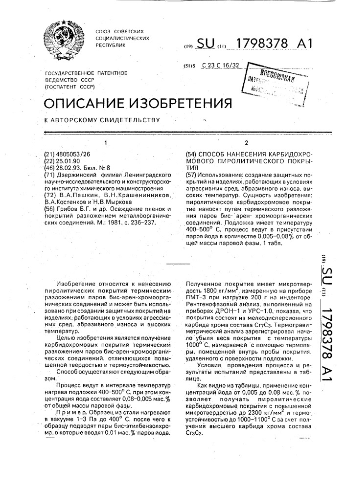 Способ нанесения карбидохромового пиролитического покрытия (патент 1798378)