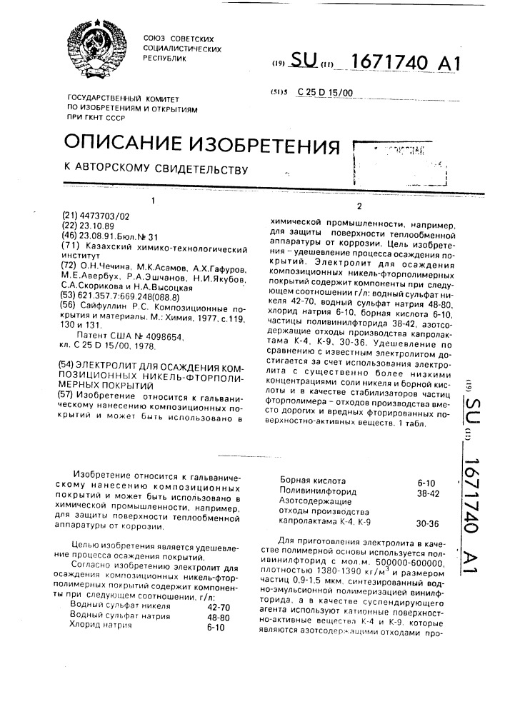 Электролит для осаждения композиционных никель- фторполимерных покрытий (патент 1671740)