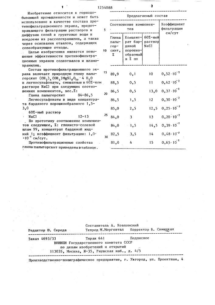 Состав противофильтрационного экрана (патент 1254088)