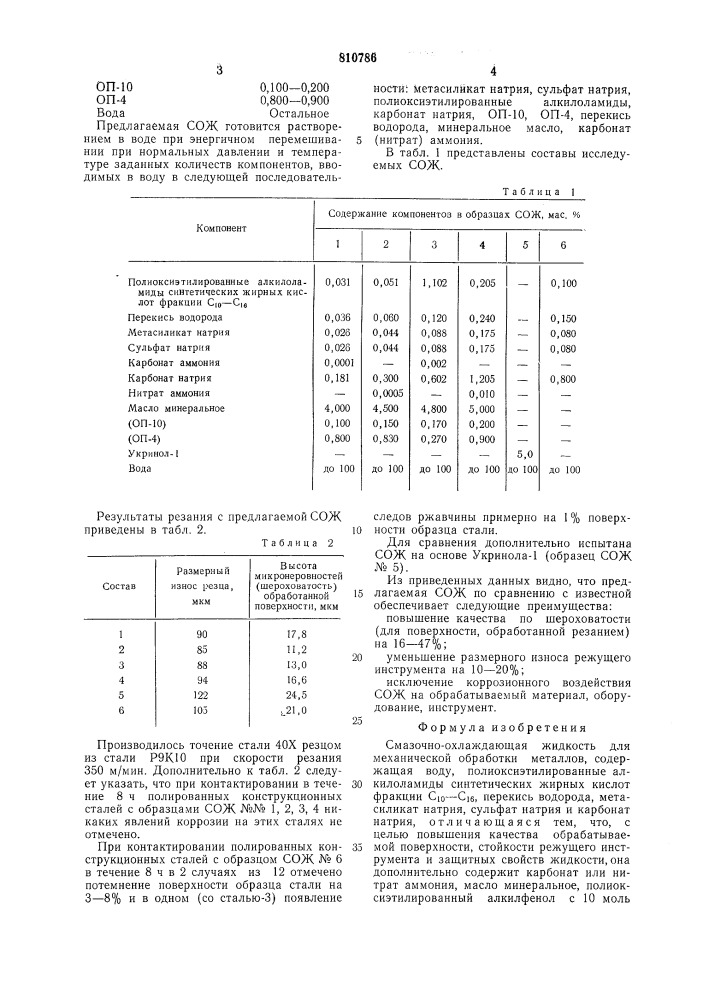 Смазочно-охлаждающая жидкость длямеханической обработки металлов (патент 810786)