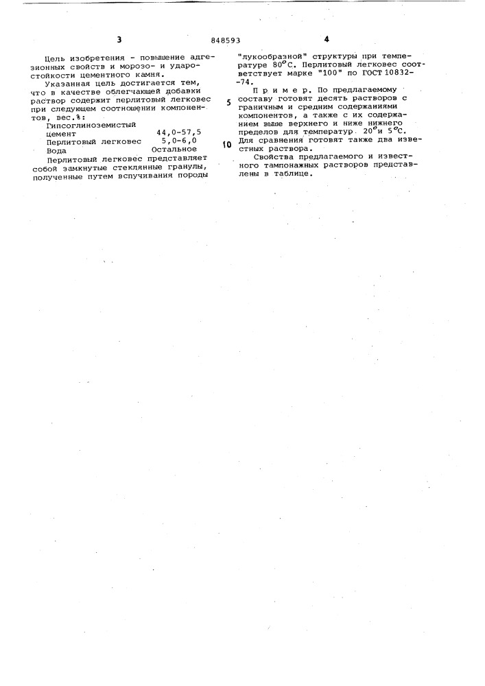 Облегченный тампонажный раствордля низкотемпературных скважин (патент 848593)
