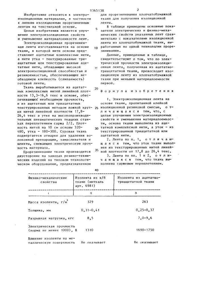 Электроизоляционная лента (патент 1365138)