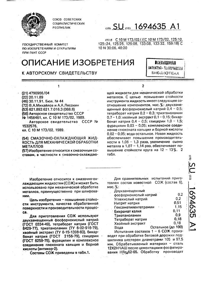 Смазочно-охлаждающая жидкость для механической обработки металлов (патент 1694635)