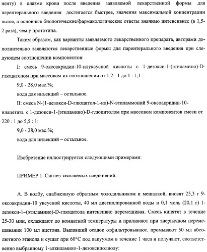 Соли 1-алкиламино-1-дезоксиполиолов с 9-оксоакридин-10-уксусной кислотой, лекарственные препараты на их основе, применение, способы профилактики и лечения (патент 2326115)