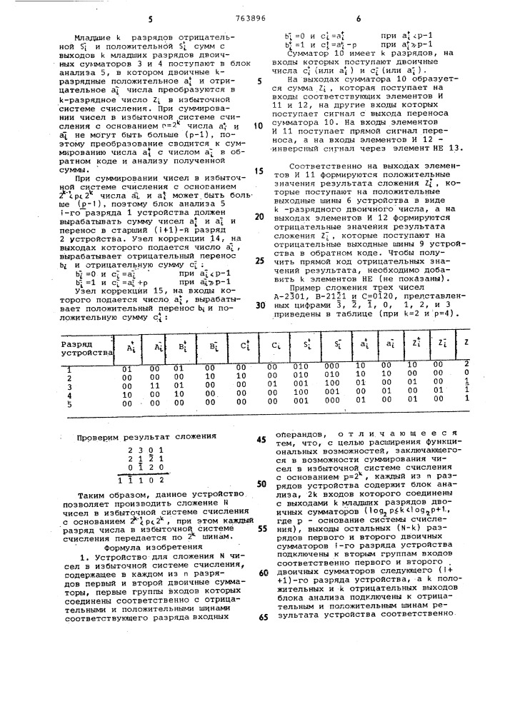 Устройство для сложения чисел в избыточной системе счисления (патент 763896)