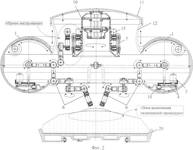 Функциональная структура одновременного возвратно-поступательного разворота группы выдвижных элементов для захвата и удержания диагностических и хирургических корпусов в тороидальной робототехнической системе с выдвижной крышкой (вариант русской логики - версия 2) (патент 2563202)