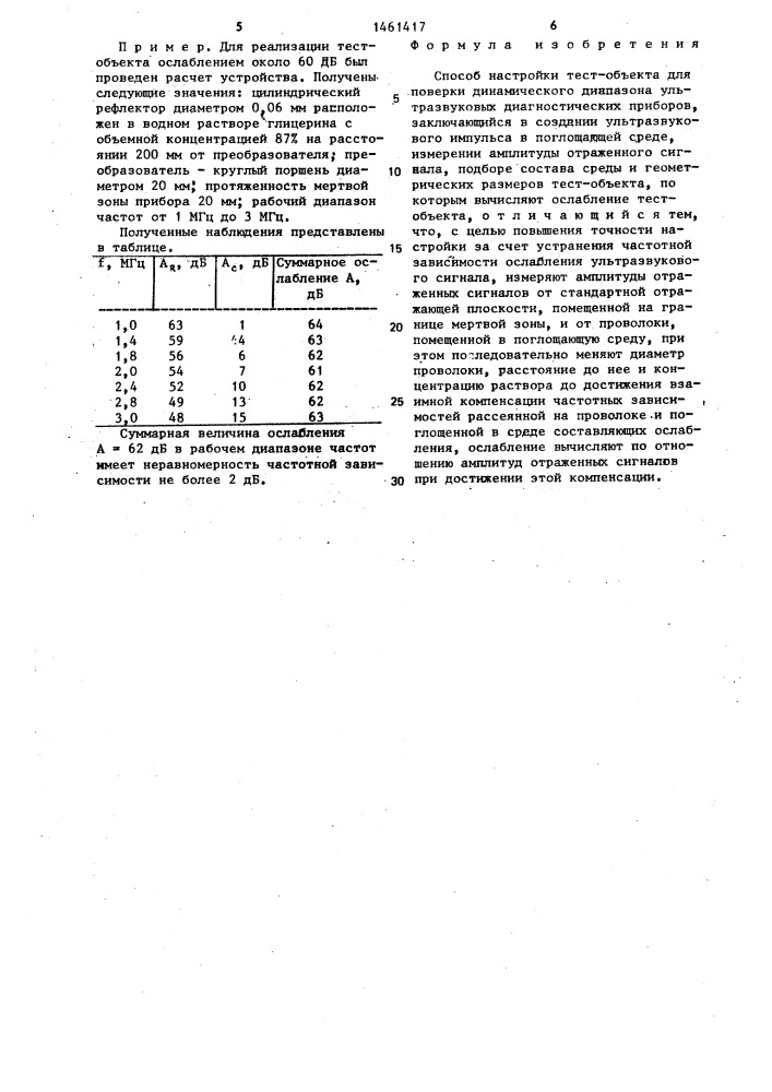 Способ настройки тест-объекта для поверки динамического диапазона ультразвуковых диагностических приборов (патент 1461417)