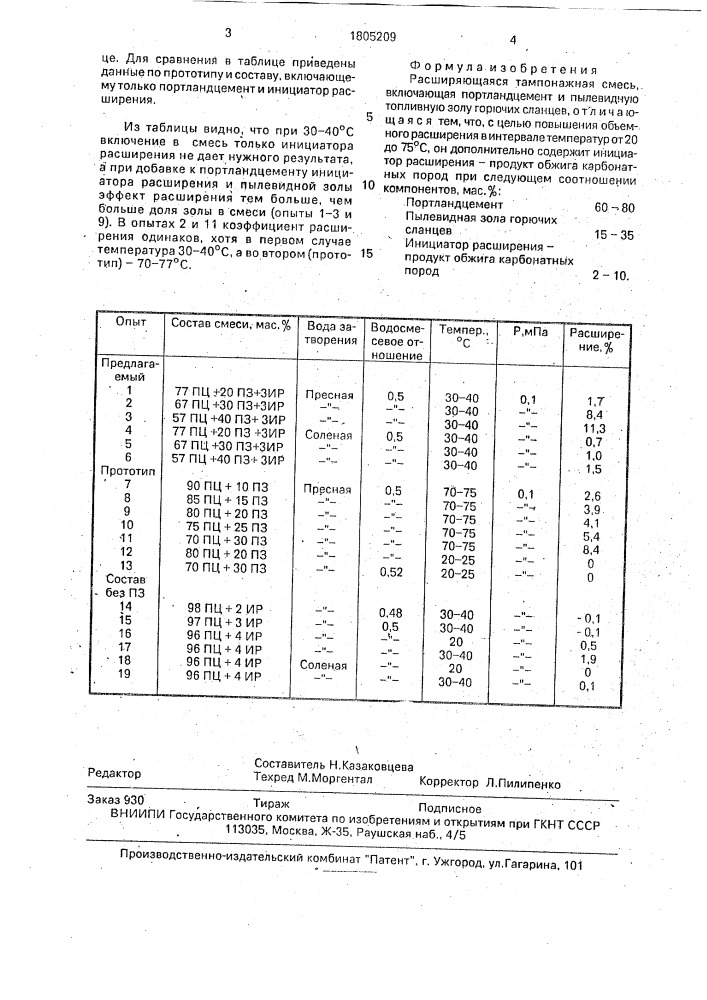 Расширяющаяся тампонажная смесь (патент 1805209)