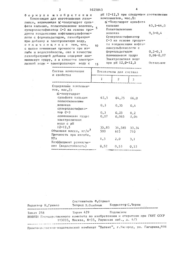 Композиция для изготовления газогипса (патент 1625843)