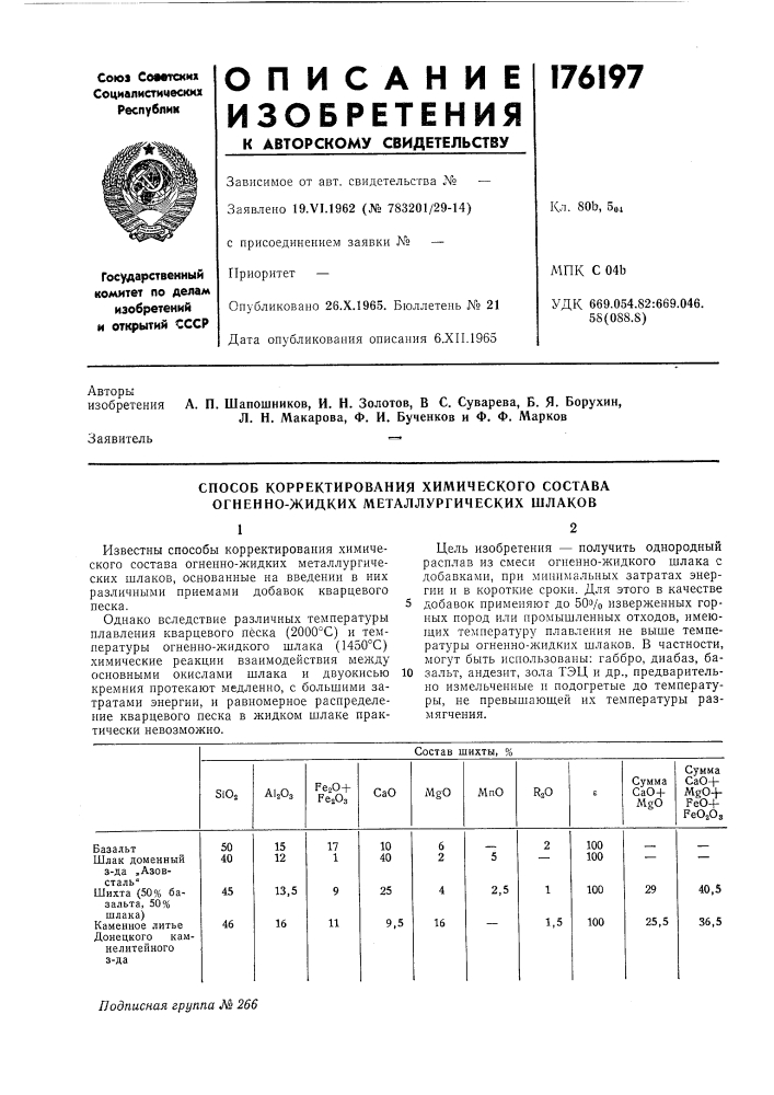 Способ корректирования химического состава огненно-жидких металлургических шлаков (патент 176197)