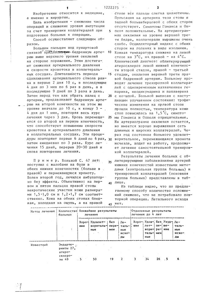 Способ лечения облитерирующих заболеваний артерий нижних конечностей (патент 1222275)