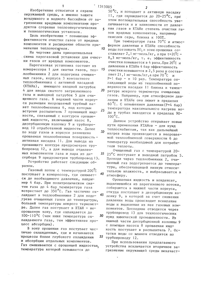 Парогазовая установка для очистки газов от вредных компонентов (патент 1315005)